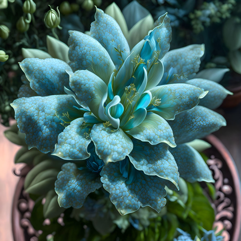 Detailed digital illustration of a textured blue succulent-like flower in a terracotta pot.