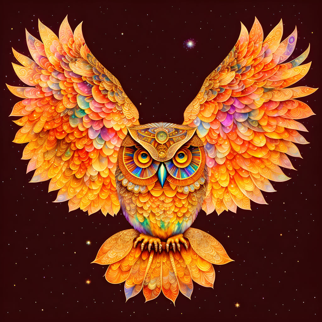 Colorful Mythical Owl Illustration Against Starry Night Sky