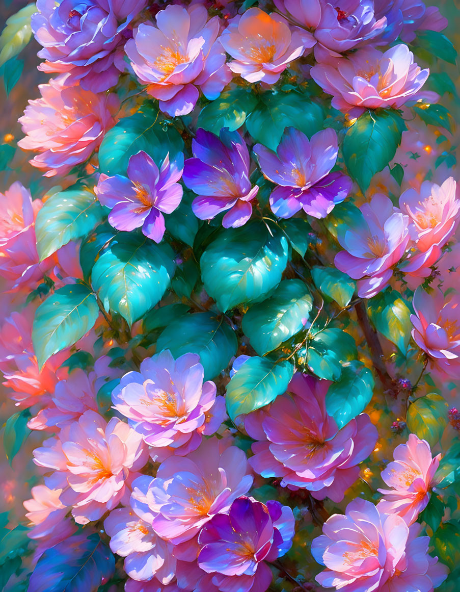 Colorful digital painting of vibrant flowers and green leaves