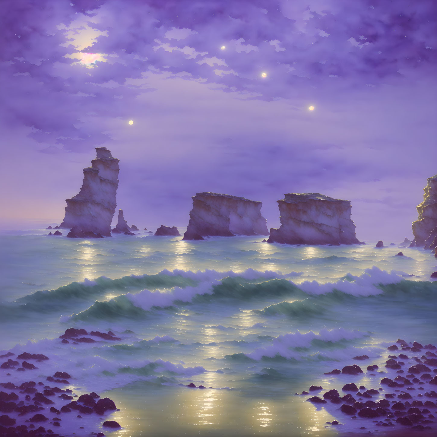 Twilight seascape with sea stacks, purple starry sky, and moonlit waves