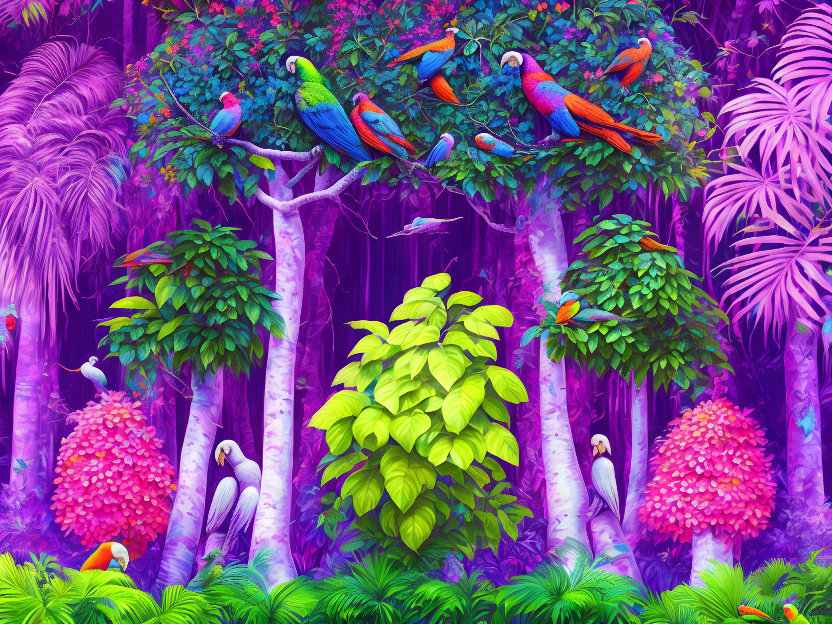 Colorful Parrots in Lush Jungle Setting with Diverse Flora