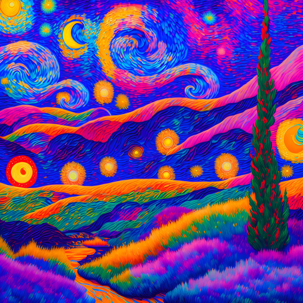 Colorful Psychedelic Landscape with Swirling Skies and Tall Tree