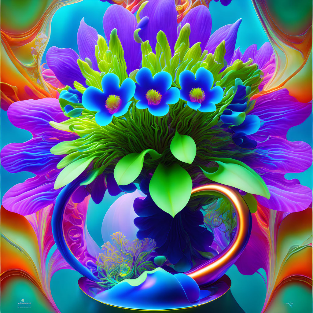 Colorful digital artwork: Blue flowers & green foliage in a swirling sphere