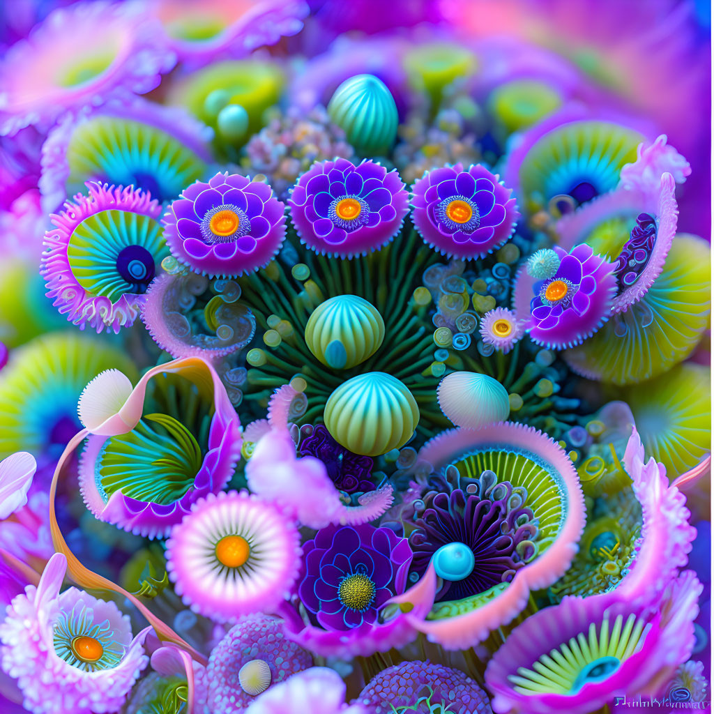 Colorful Abstract Digital Artwork: Intricate Flower-Like Patterns in Underwater Theme