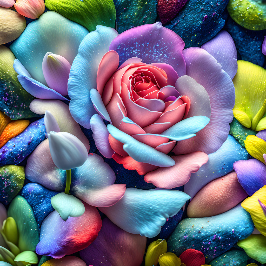 Colorful Rose Center Surrounded by Multicolored Petals and Speckled Leaves