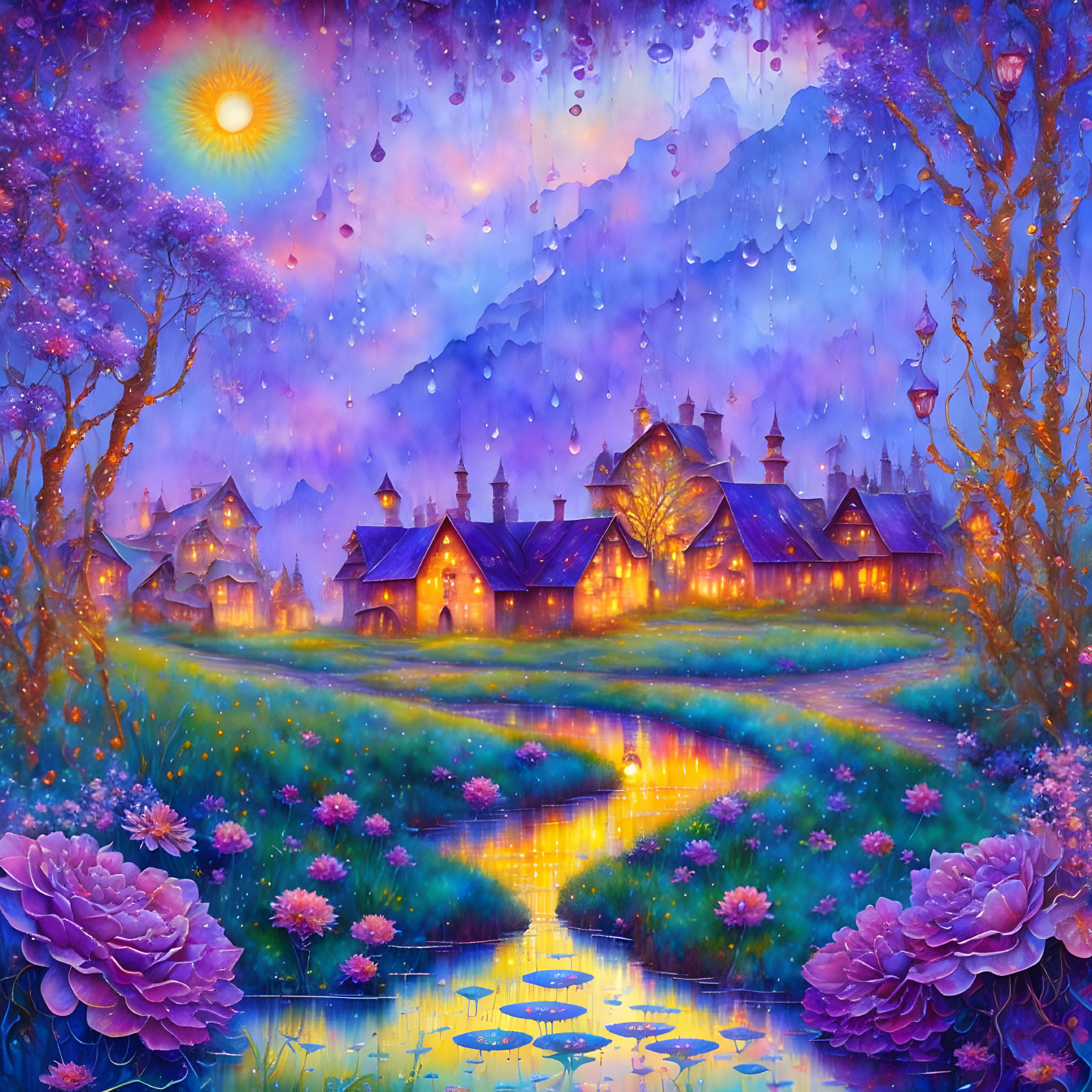 Fantasy landscape with purple hues, village, river, flowers, mountains, starry sky