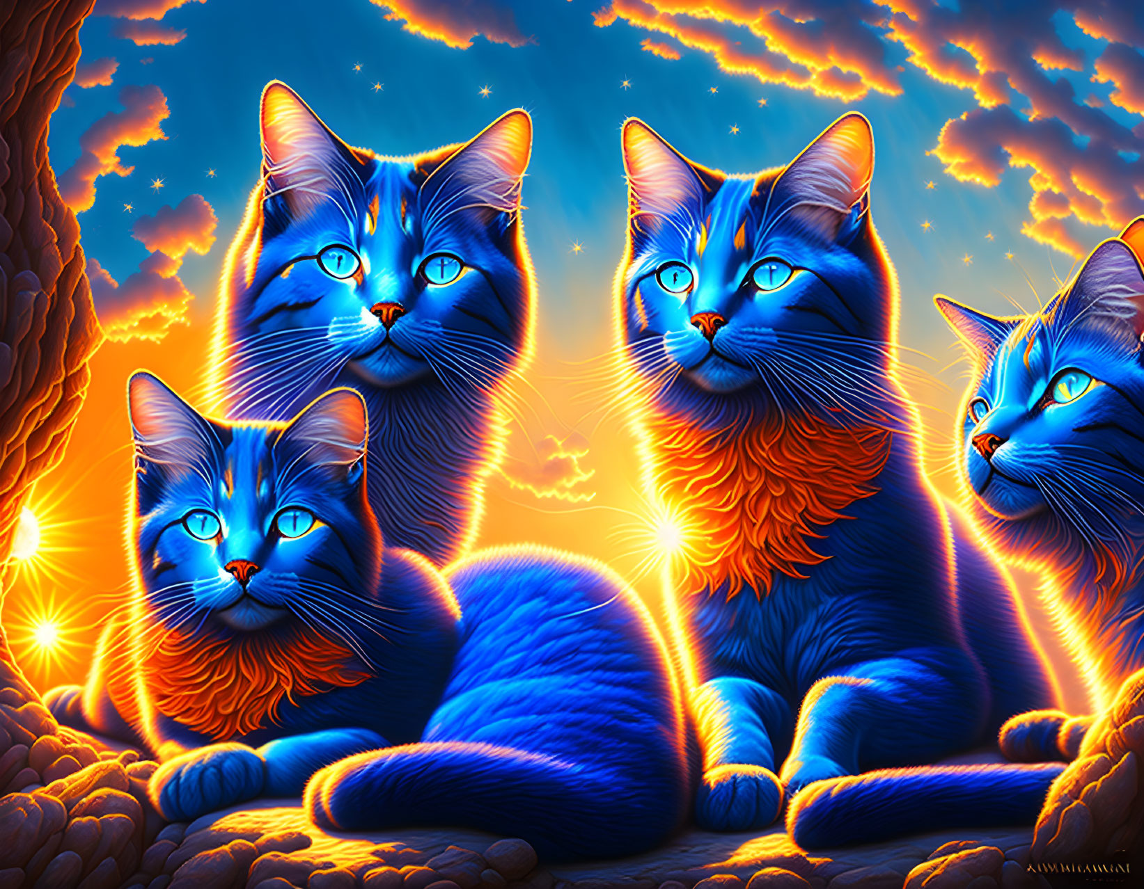 Four vibrant blue cats with glowing orange eyes against a fiery sunset backdrop