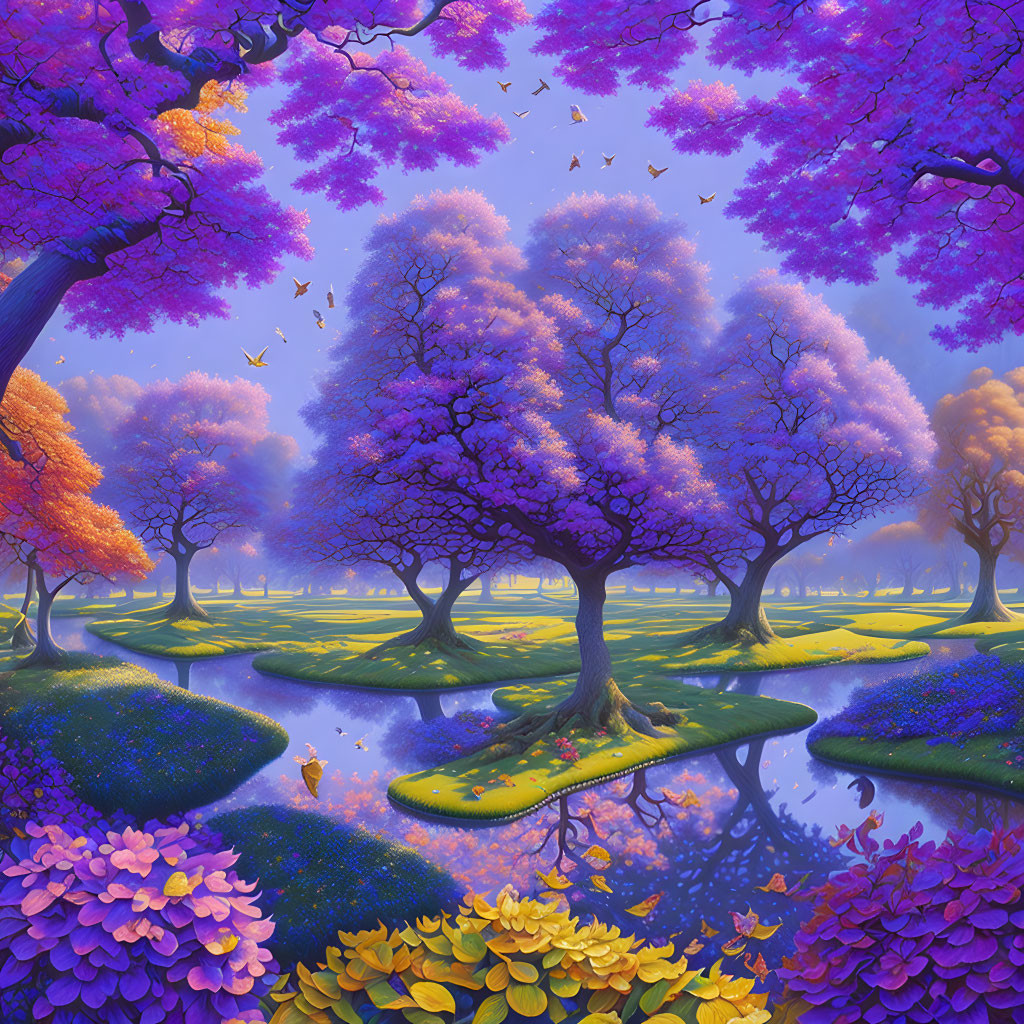 Fantasy woodland scene with purple and orange foliage, blooming flowers, reflective waterways, and flying