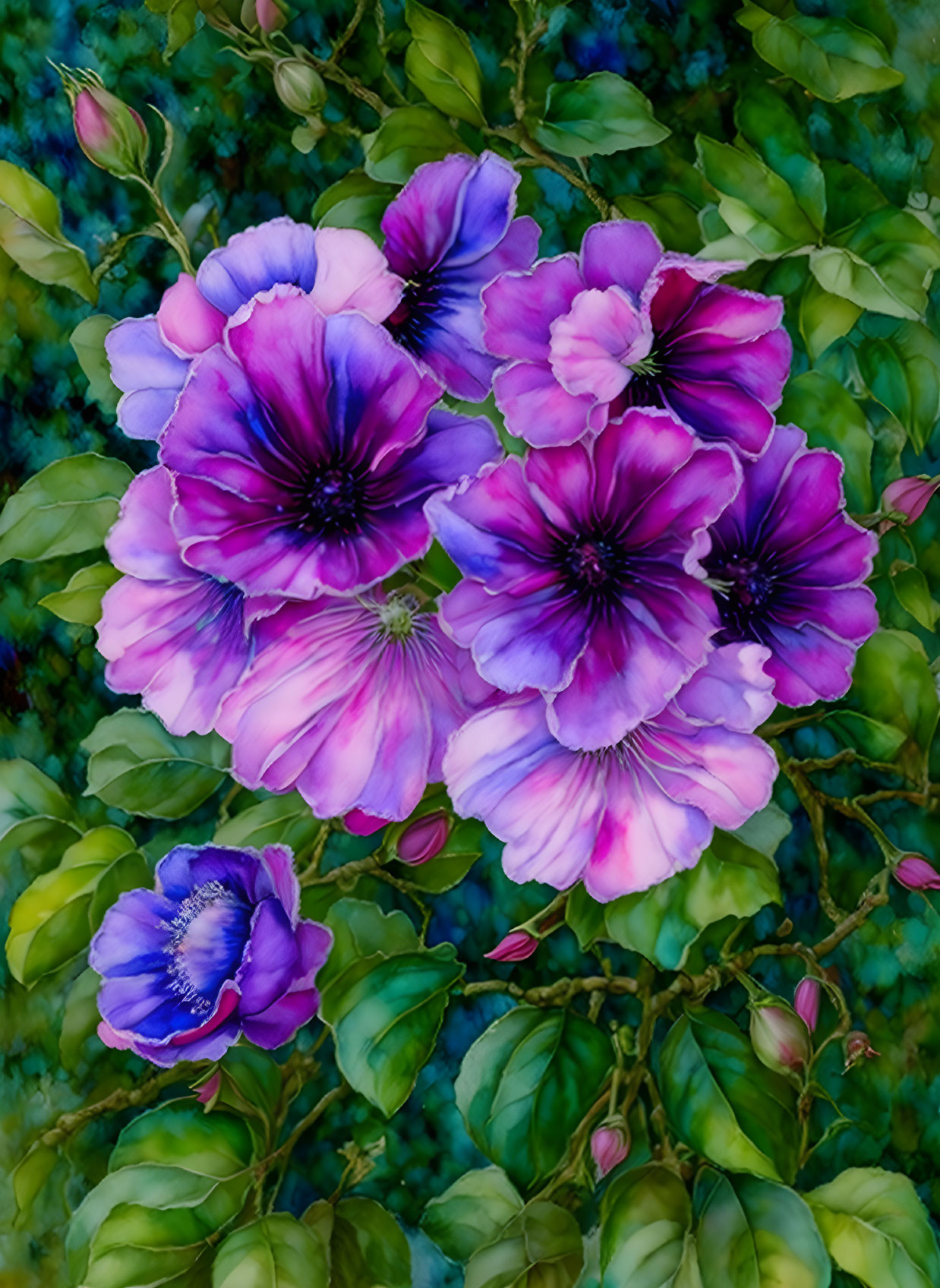 Colorful Petunia Flowers with Green Foliage and Buds