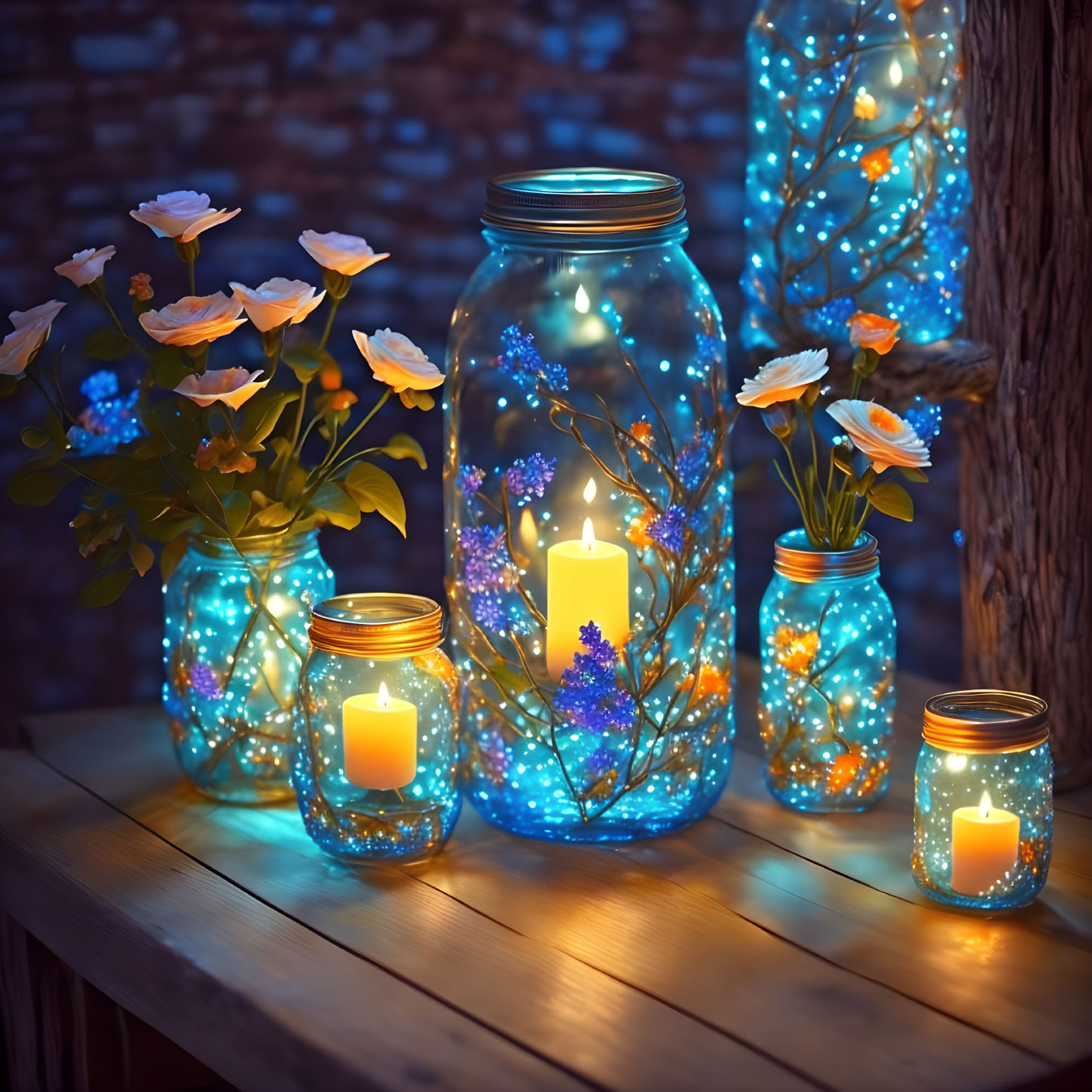 Cozy outdoor setting with candles in glass jars