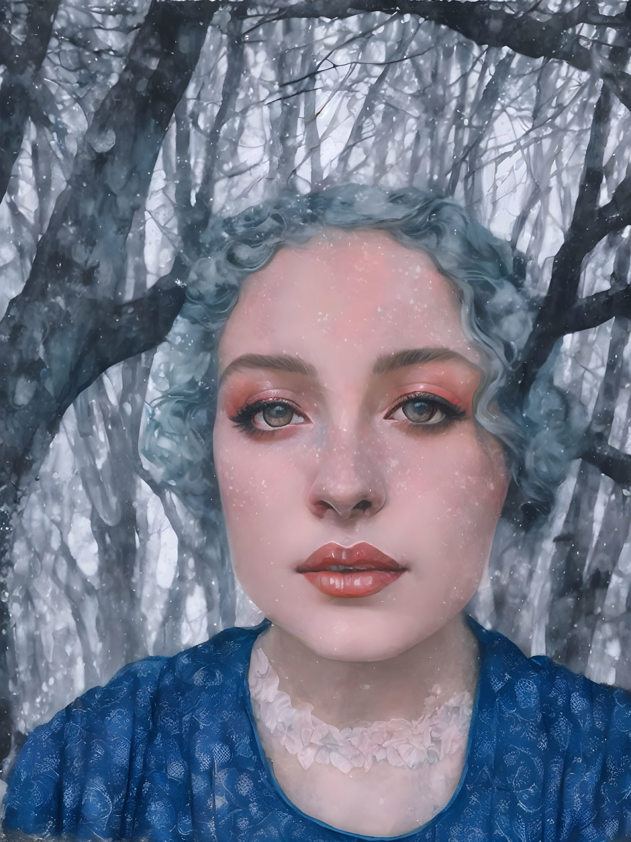 Blue-haired person in makeup and outfit against snowy forest.