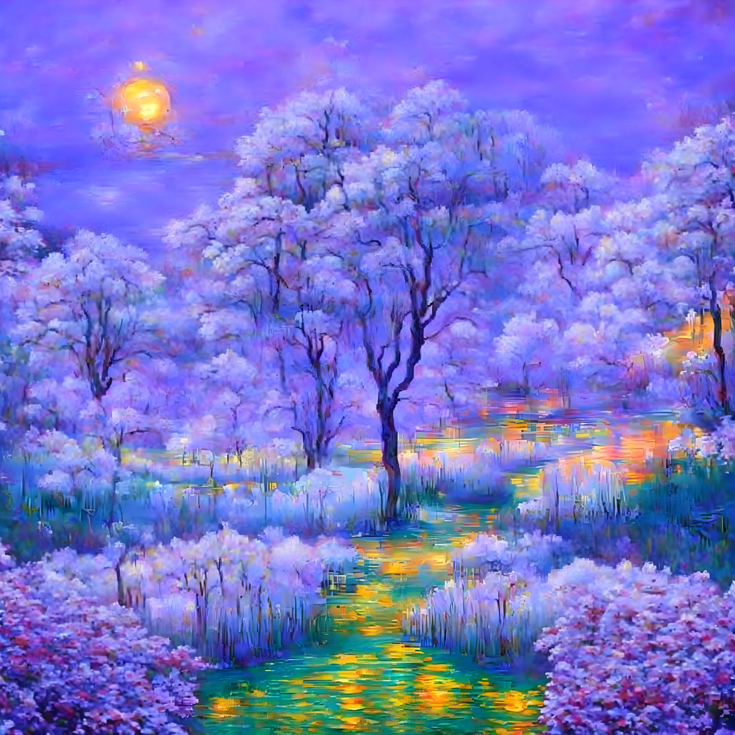 Colorful painting of purple and blue landscape with blooming trees and reflective water under glowing sun or moon