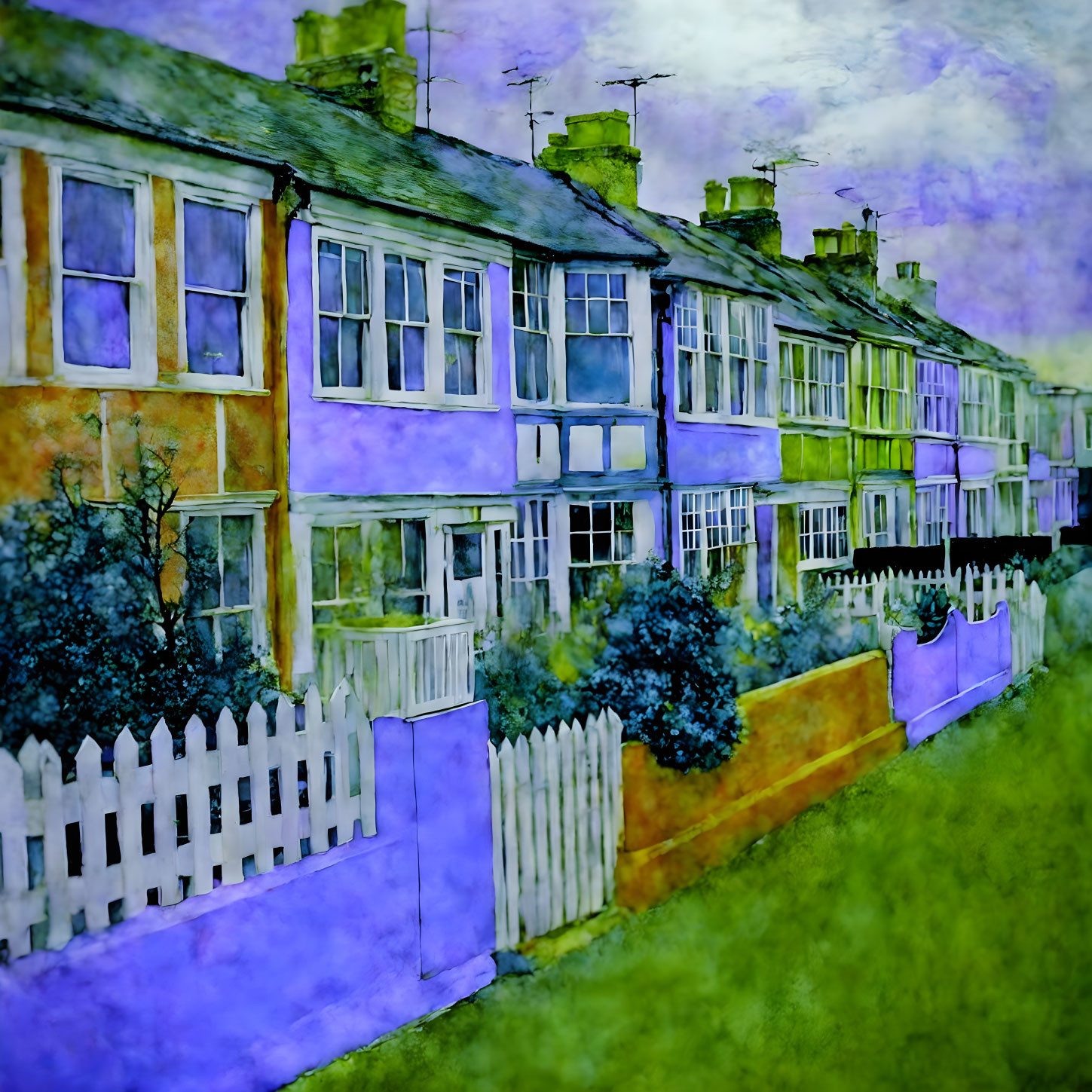 Colorful Watercolor Painting of Quaint Terrace Houses