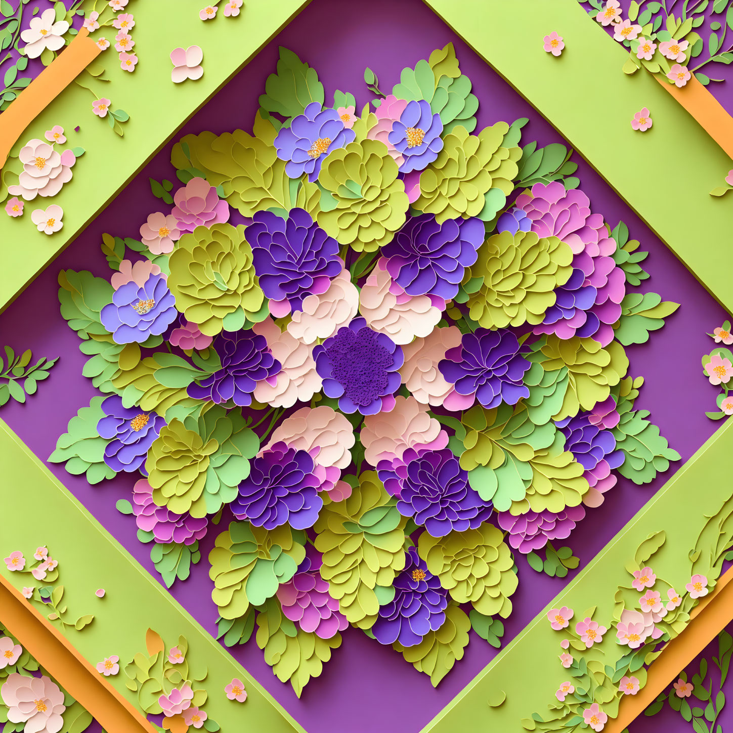 Colorful paper art: Symmetrical flowers on purple background