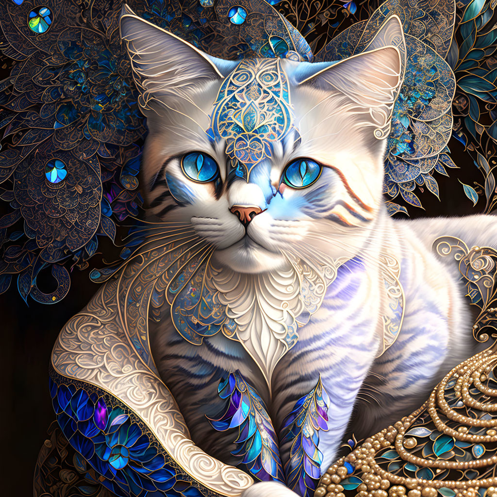 Detailed Cat Artwork with Blue and Gold Jeweled Patterns