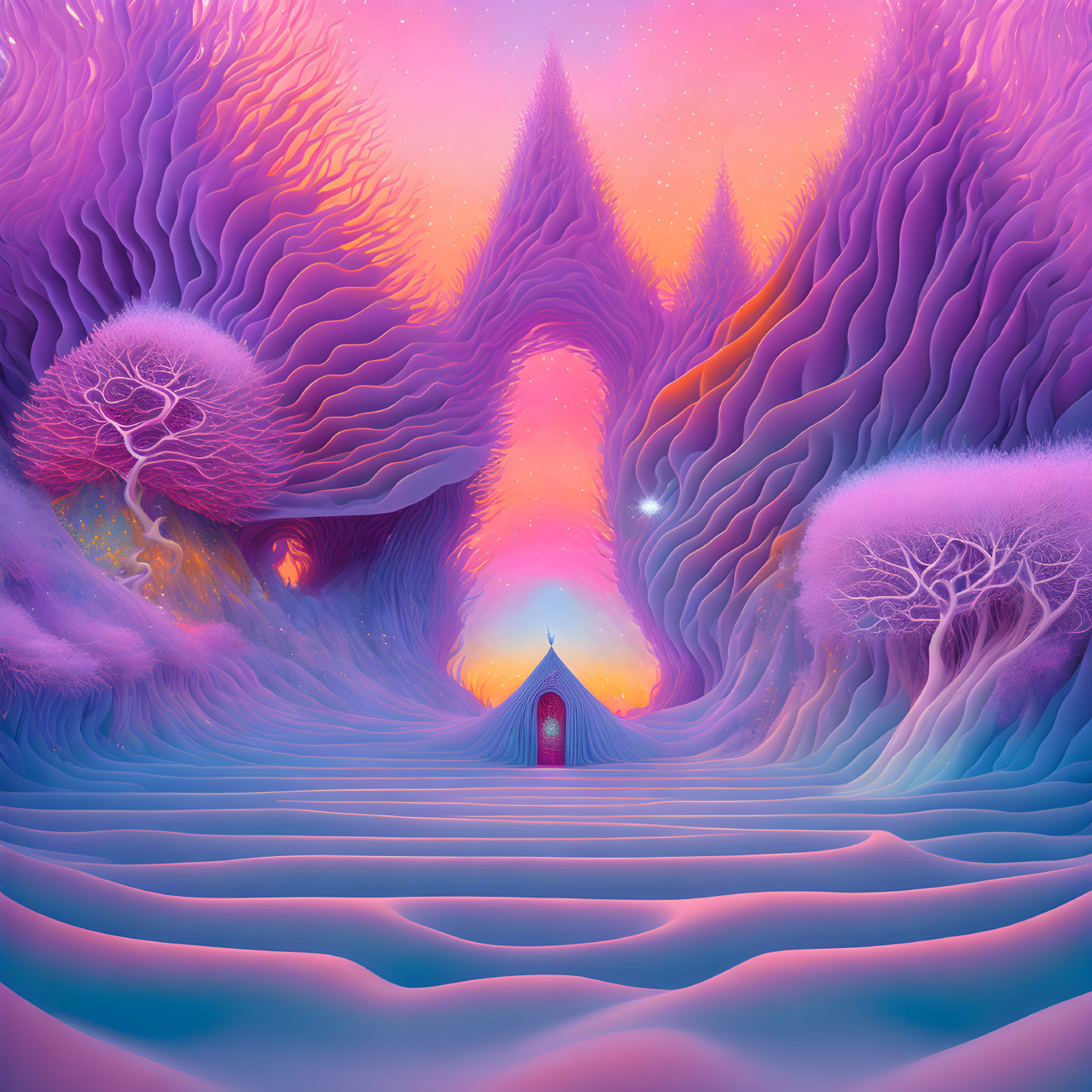 Vivid surreal landscape with purple and pink hues