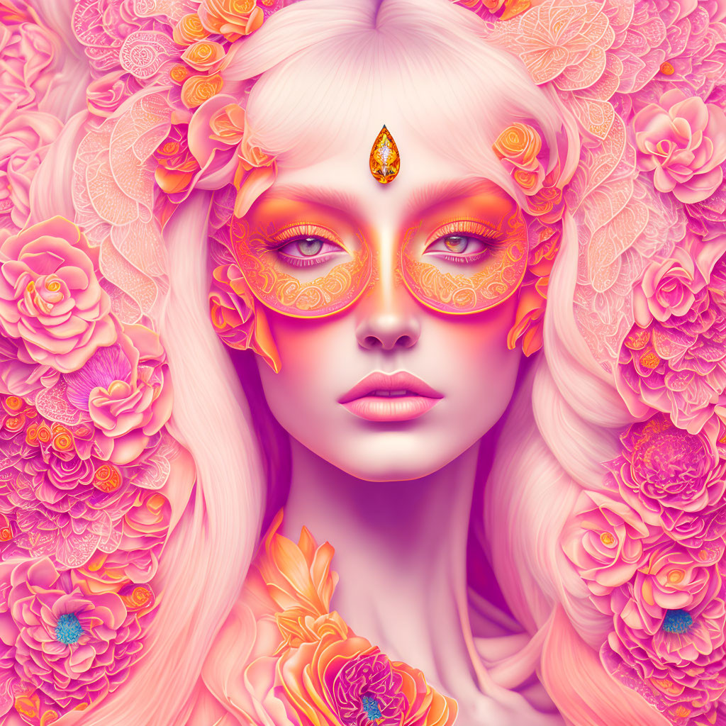 Surreal portrait of female figure with pink hair, floral patterns, gem, and intricate face paint