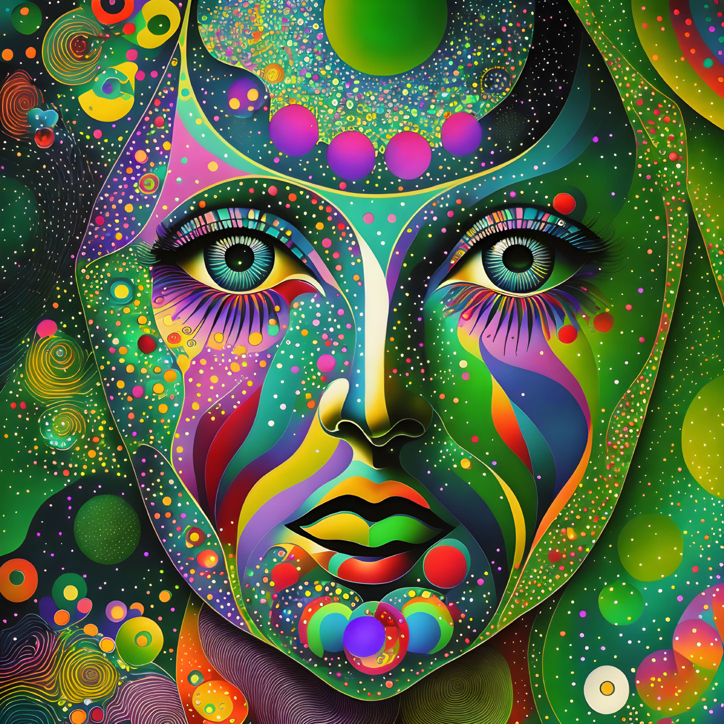 Colorful Psychedelic Portrait with Detailed Eyes and Abstract Patterns on Dark Background