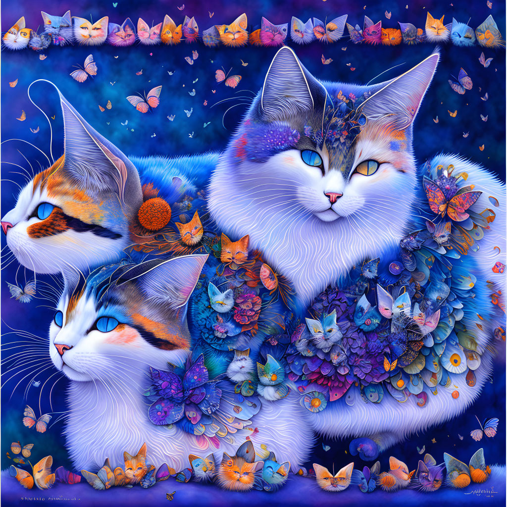 Colorful Digital Artwork: Three Cats with Floral Patterns and Butterflies