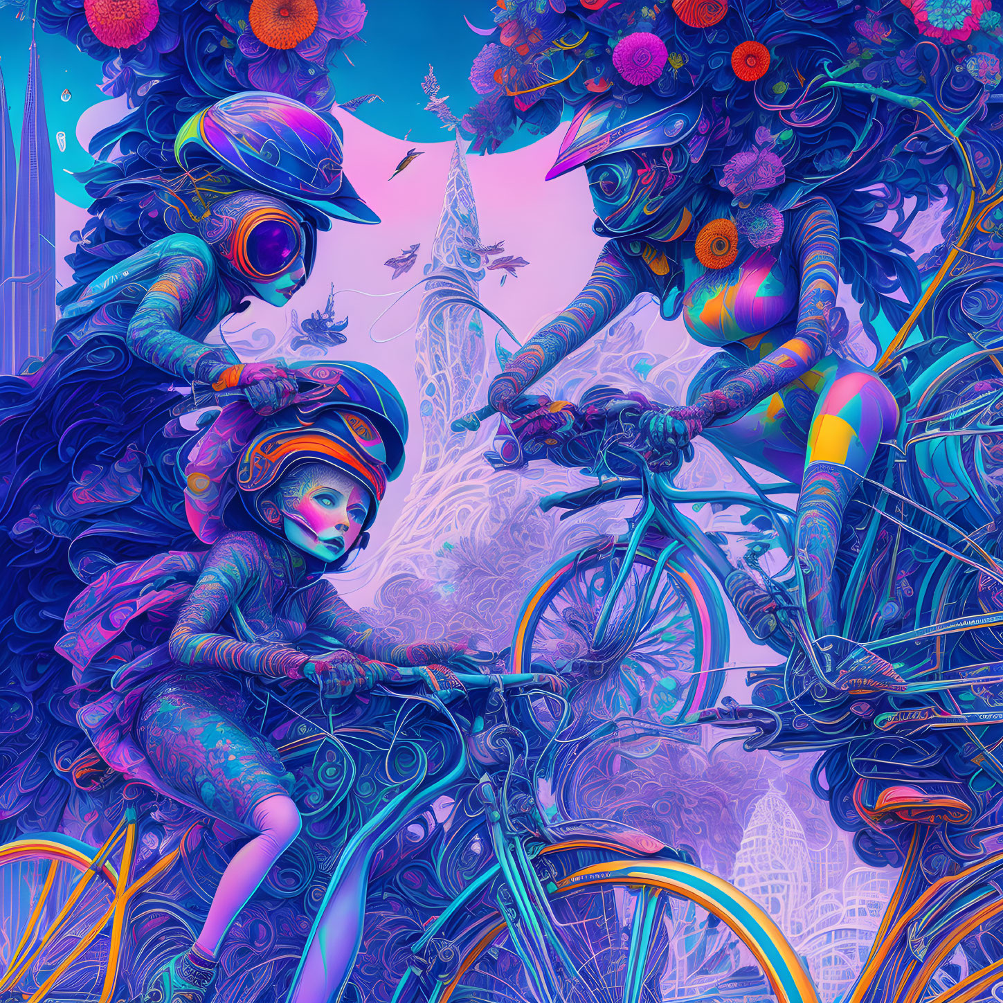 Stylized characters on bicycles in surreal landscape