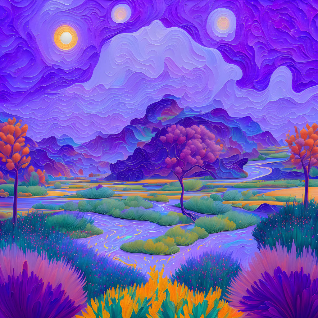 Stylized landscape with purple skies, multiple suns, river, and whimsical foliage