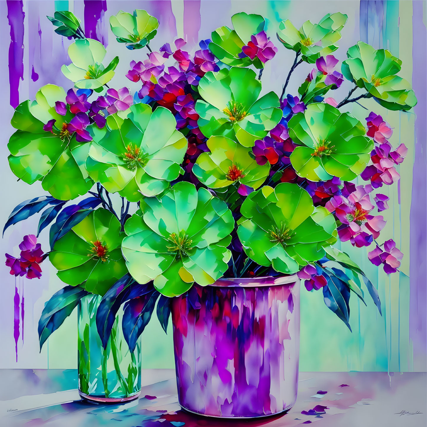 Colorful Abstract Painting of Green Flowers in Purple Vase