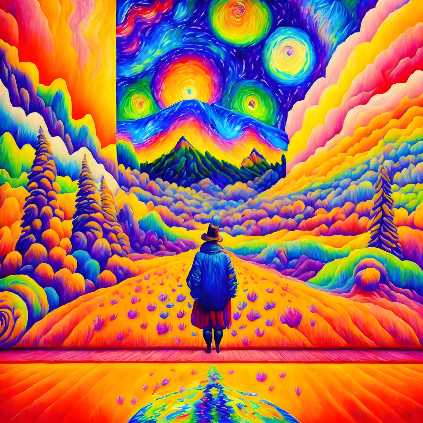 Person in hat in surreal landscape with vibrant colors and swirling skies