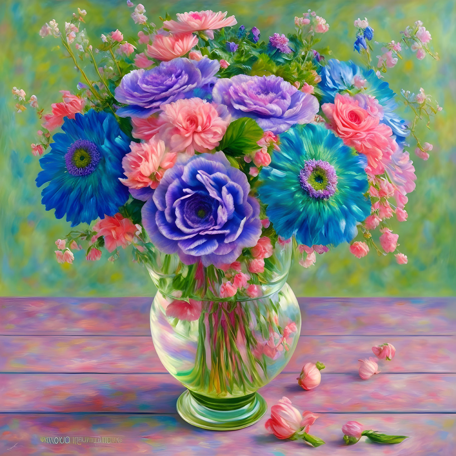 Colorful Flower Bouquet in Transparent Vase on Wooden Surface