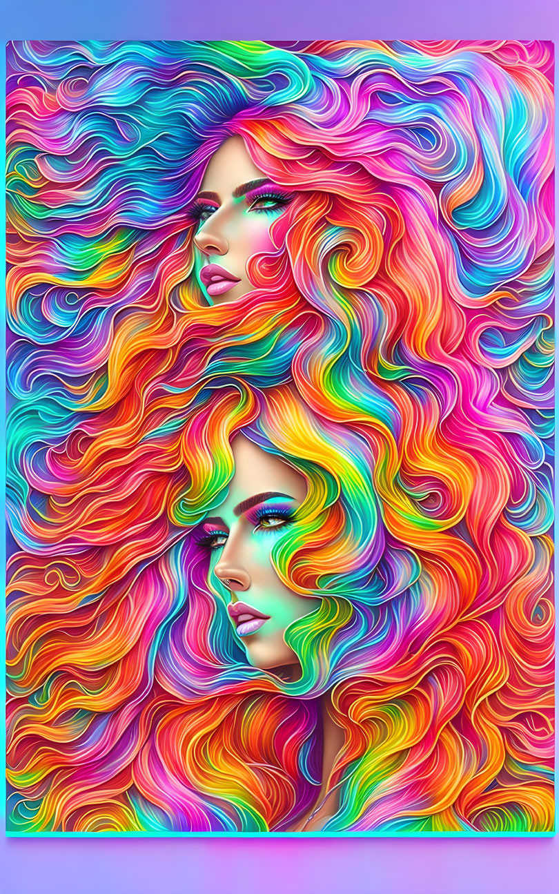 Colorful digital artwork: Two women with vibrant multicolored hair on purple background