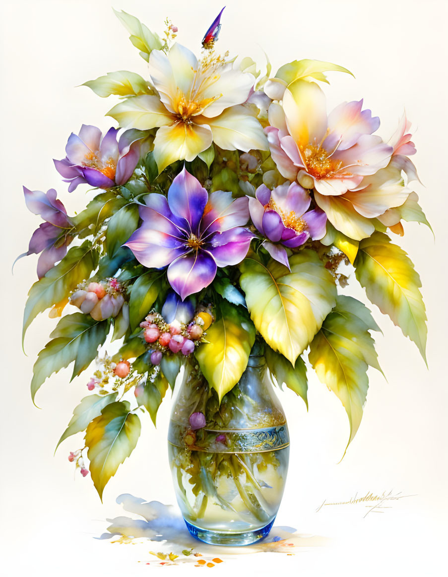 Colorful Flower Bouquet in Glass Vase on Neutral Background