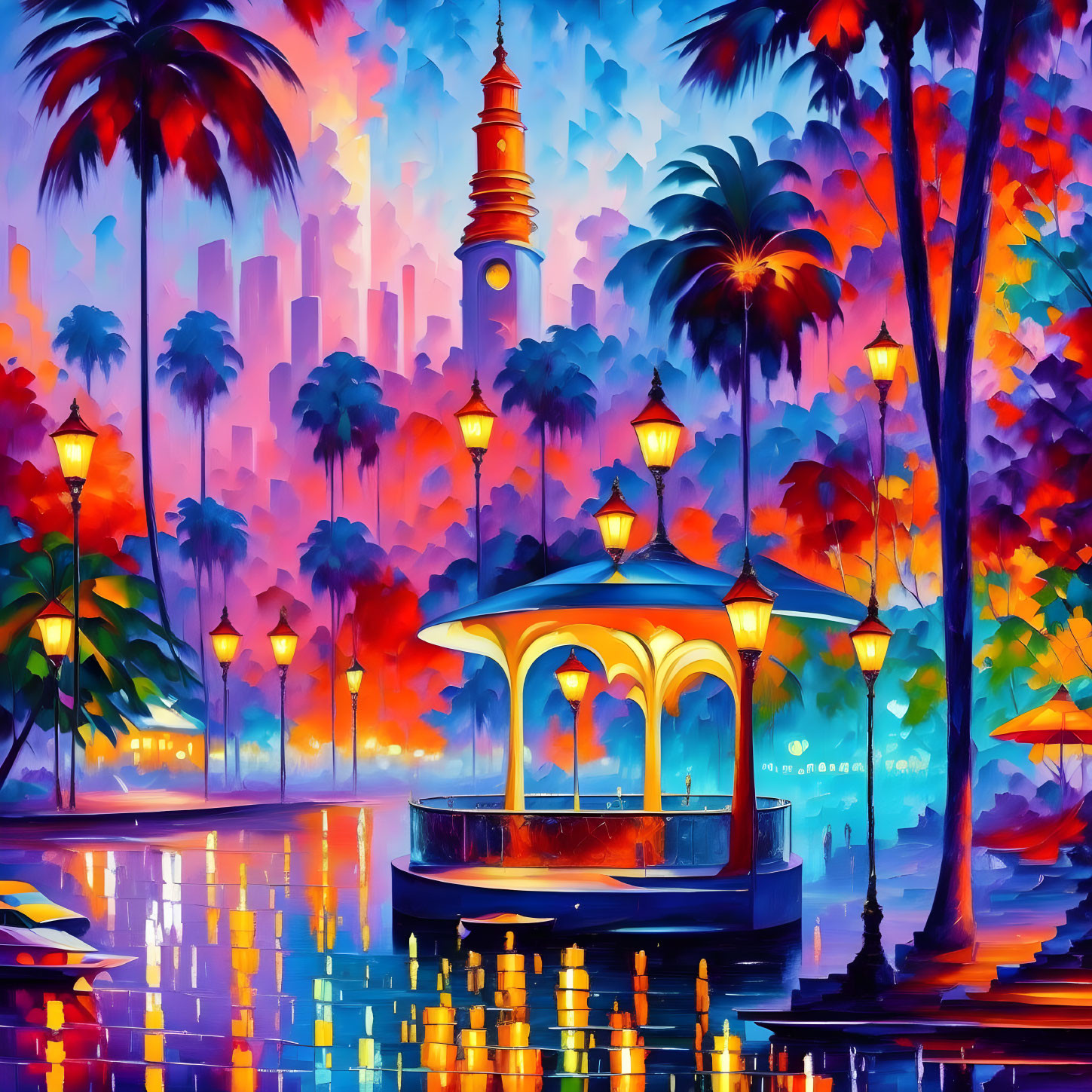 Scenic waterside pavilion painting with lanterns, tower, and palm trees at twilight