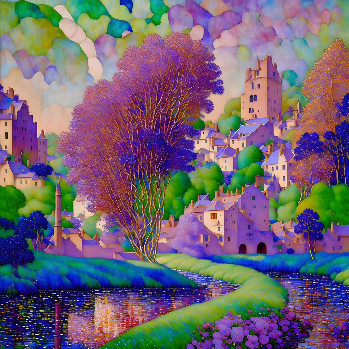 Colorful painting of whimsical village with river and pastel buildings