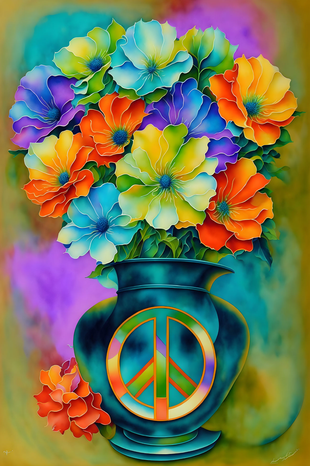 Colorful Flower Bouquet Painting with Peace Symbol in Blue Vase