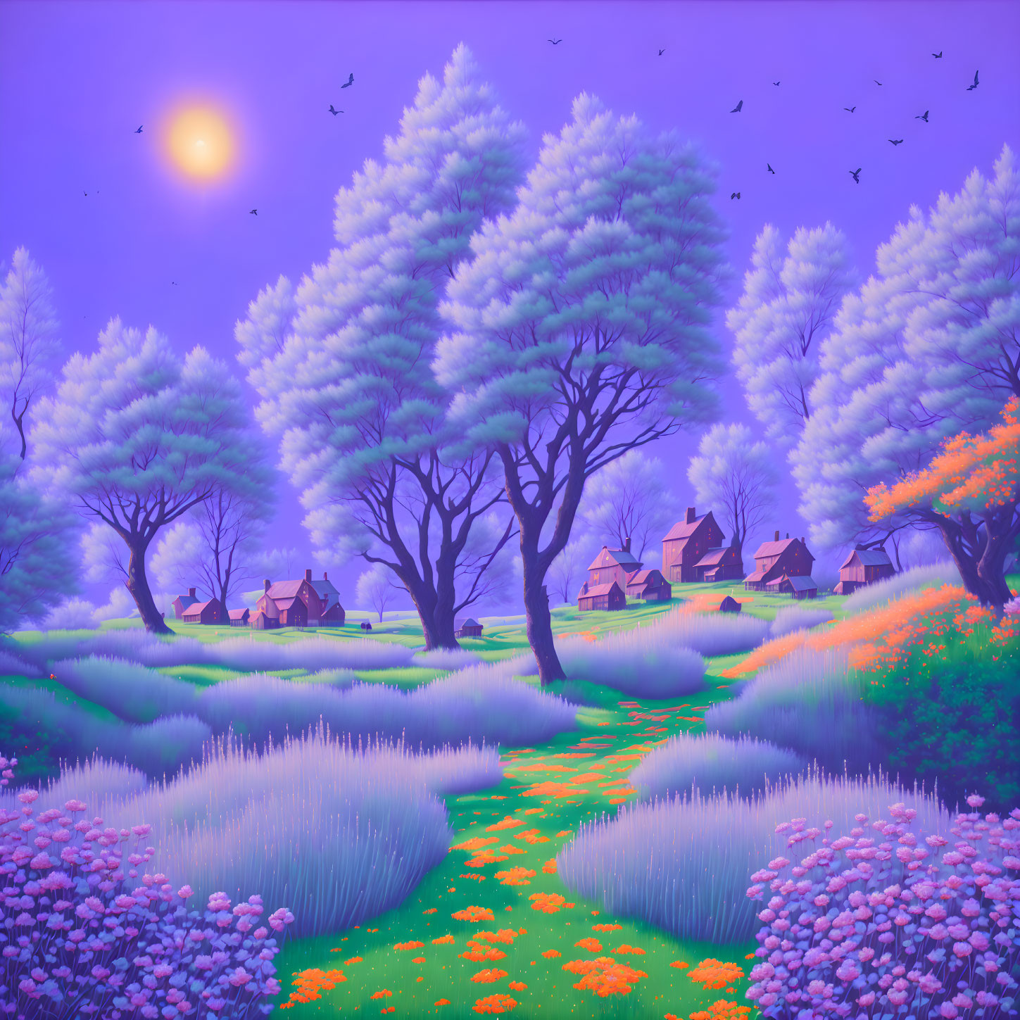 Purple Landscape with White Trees, Orange Flowers, Green Path, and Sunset Sky