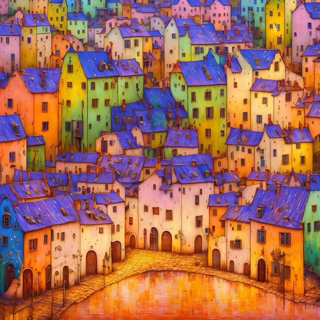 Vibrant European village painting with colorful houses by a river