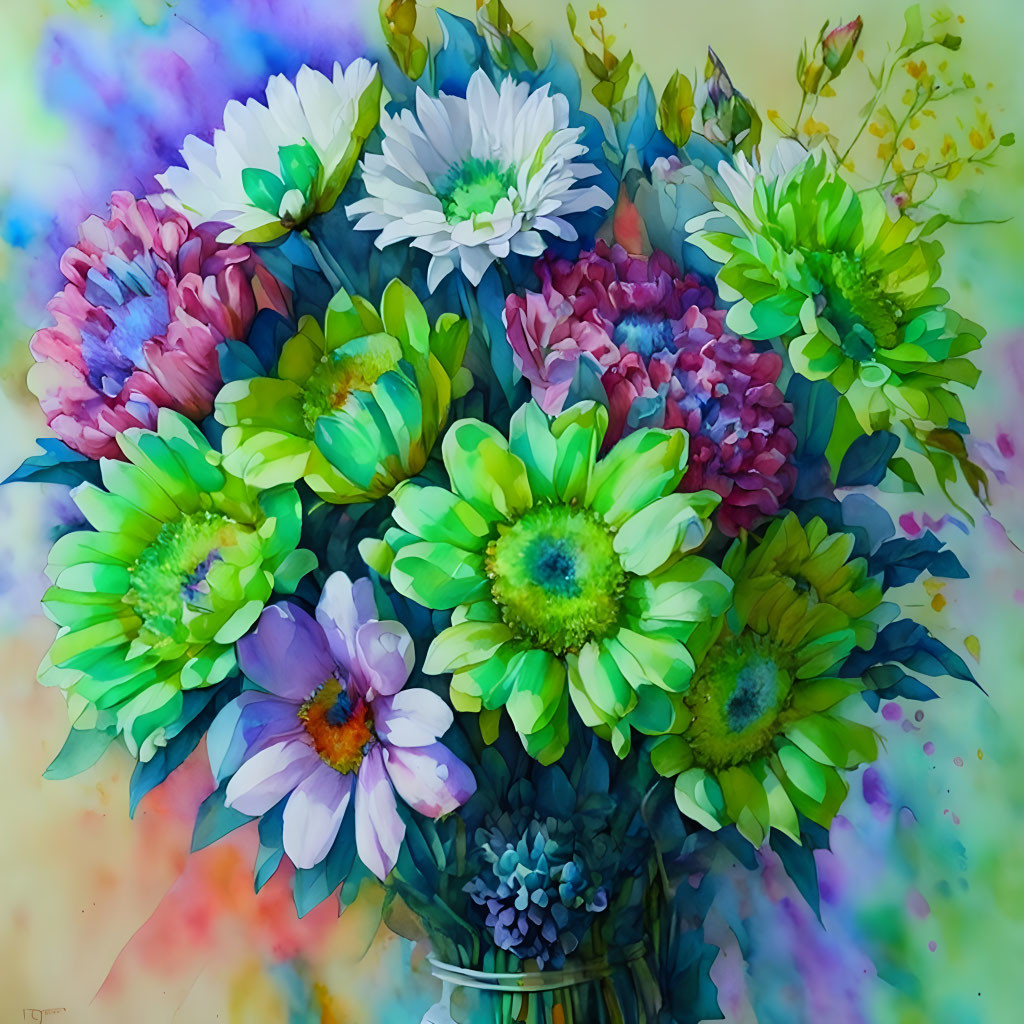 Colorful Flower Bouquet with Blurred Background in Green, Purple, and White Hues