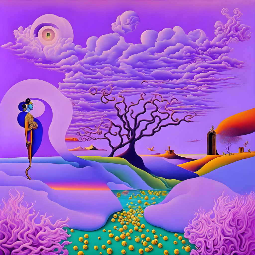 Vibrant Purple Surreal Landscape with Swirling Sky and Stylized Tree