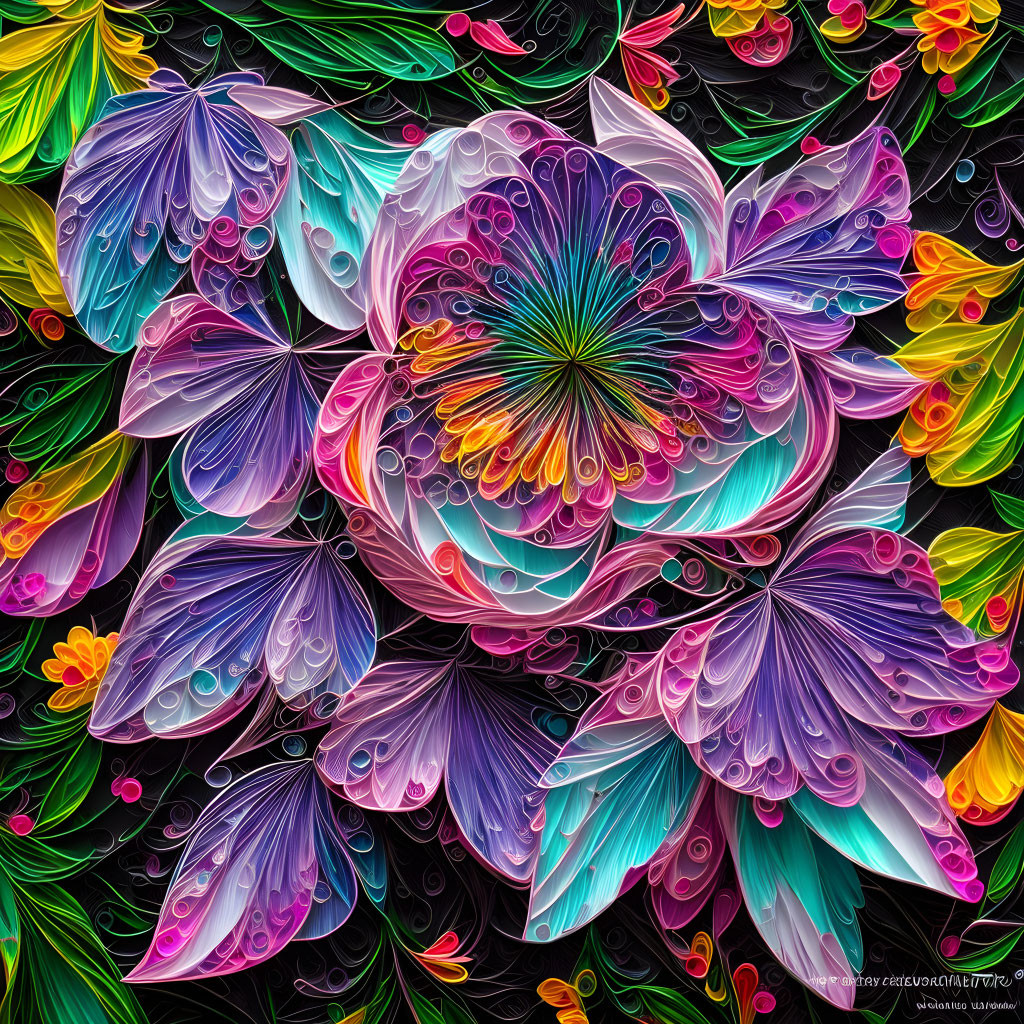 Colorful Floral Digital Artwork on Dark Background