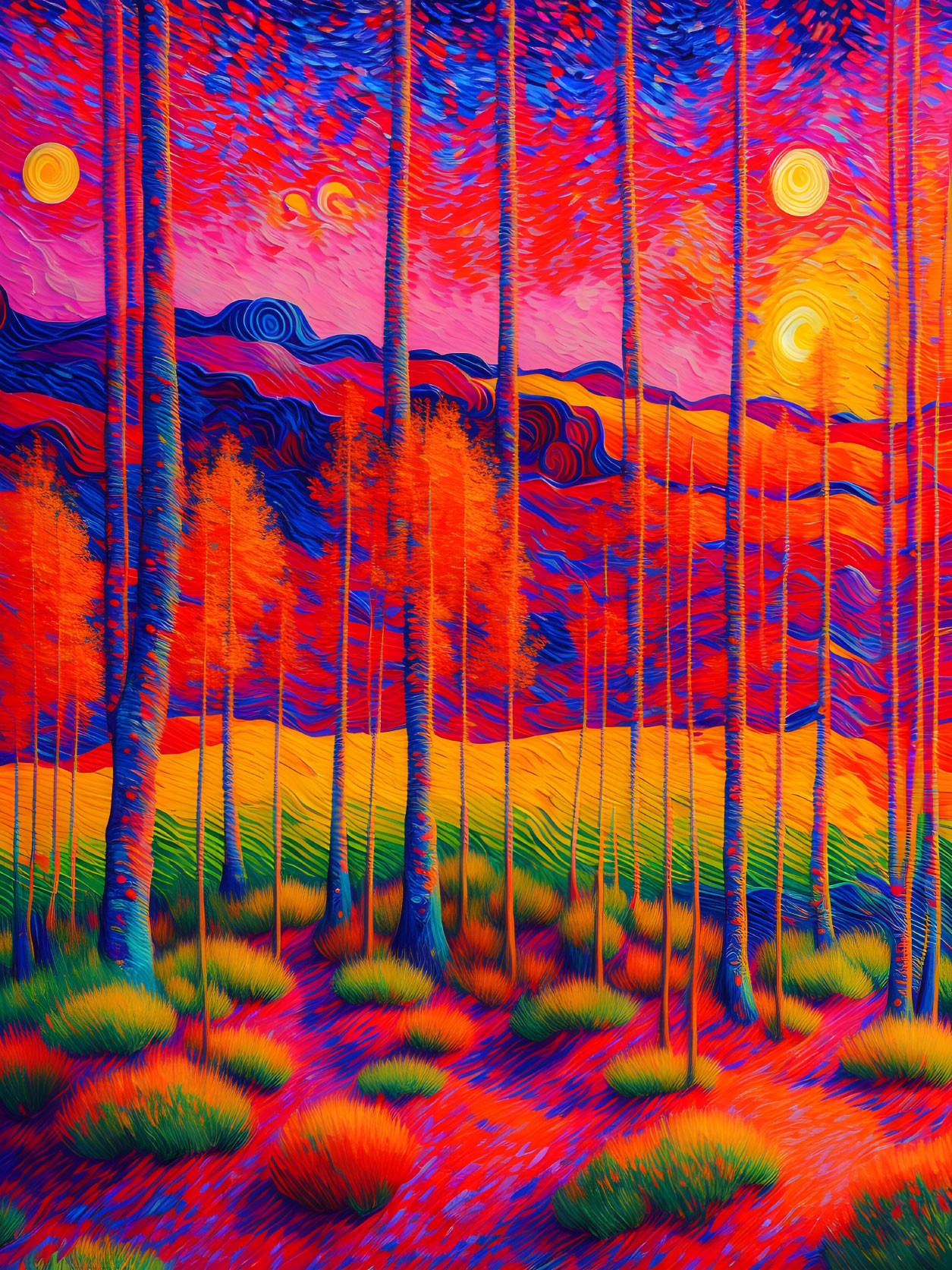 Colorful swirling landscape with radiant orange trees and multicolored ground