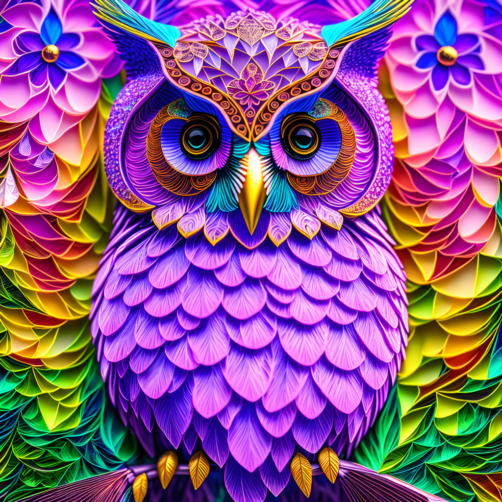 Colorful Stylized Owl Art with Floral Background