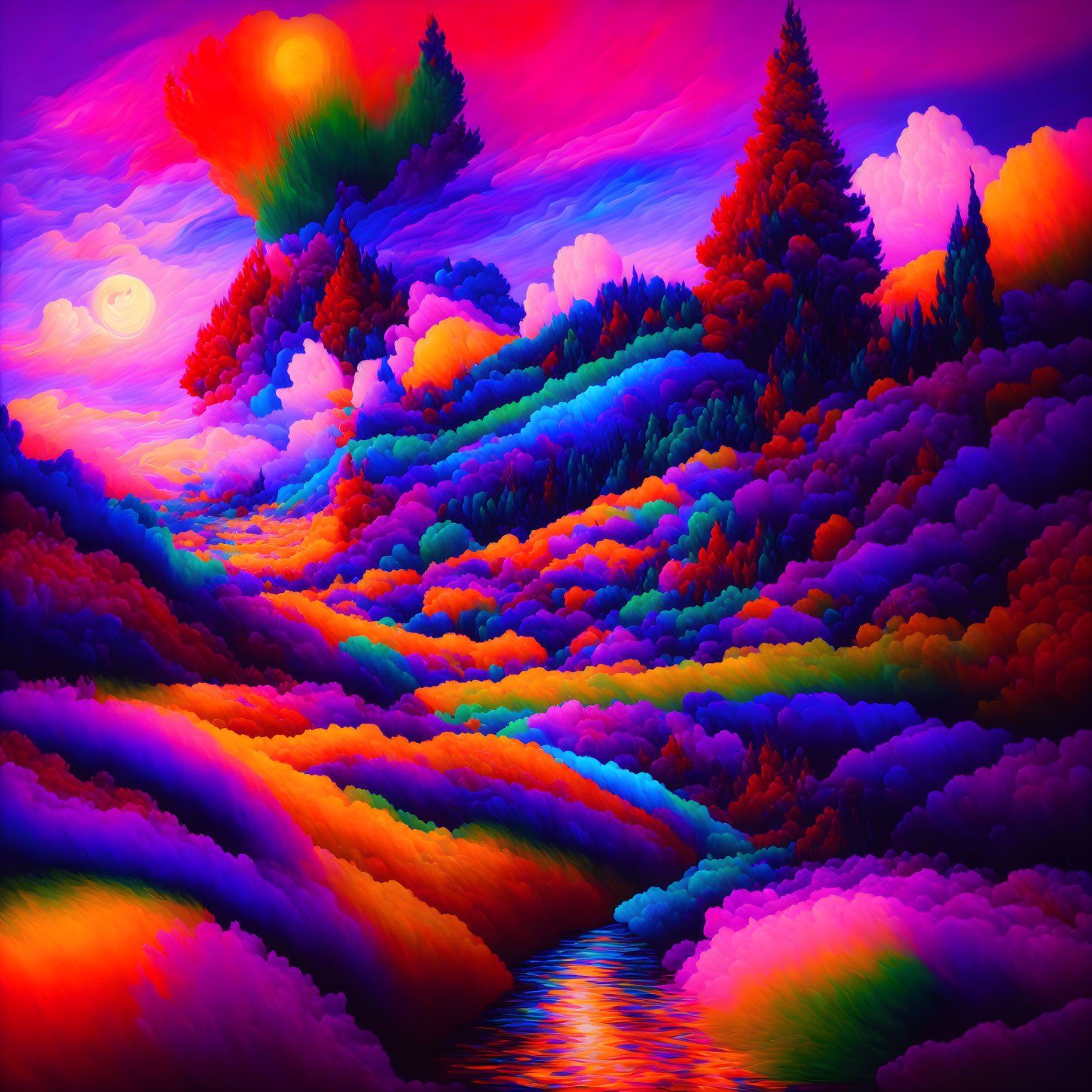 Colorful surreal landscape: undulating hills, vibrant trees, river under sunset sky