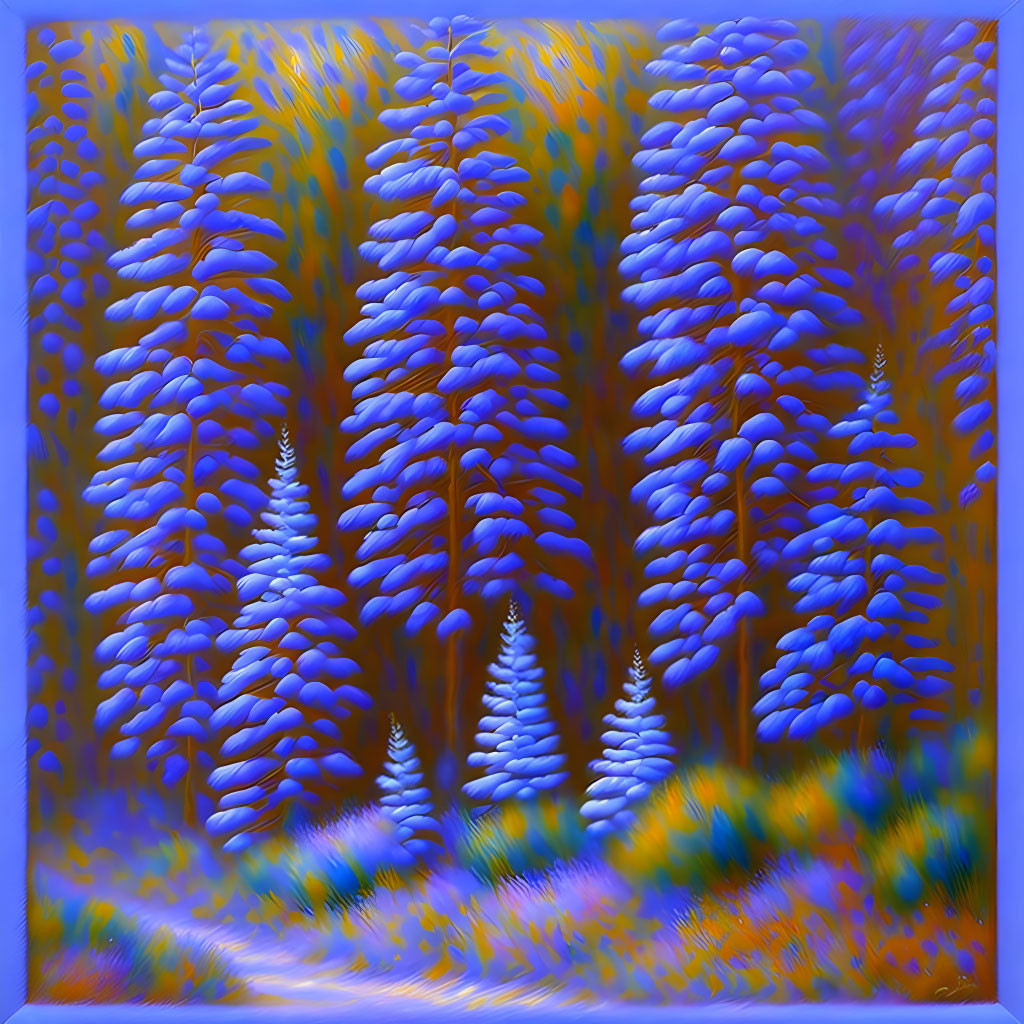 Colorful digital art: Stylized blue conifer trees on dream-like backdrop