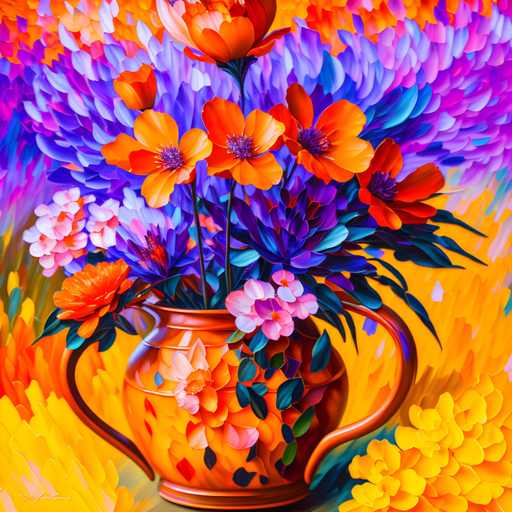 Colorful Flower Painting in Copper Vase on Vibrant Background