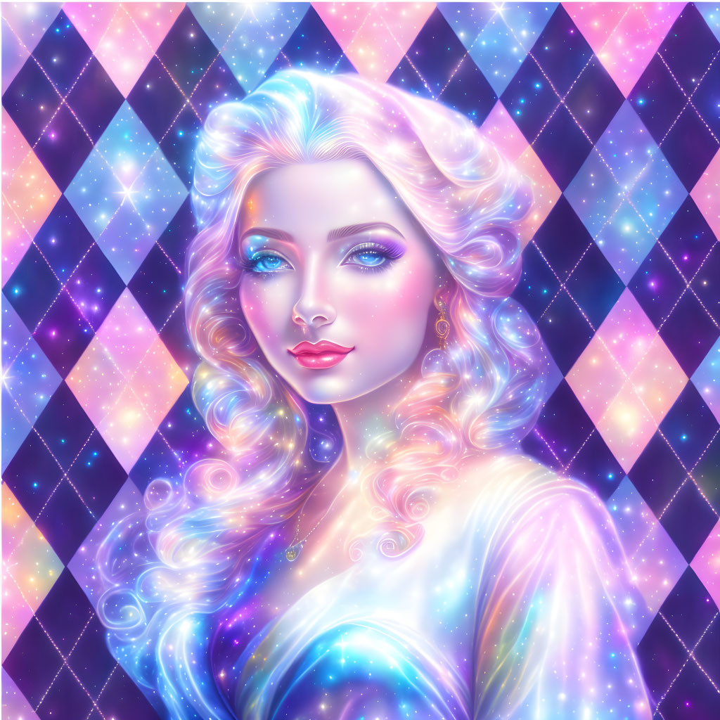 Illustration of woman with flowing hair on cosmic checkered background