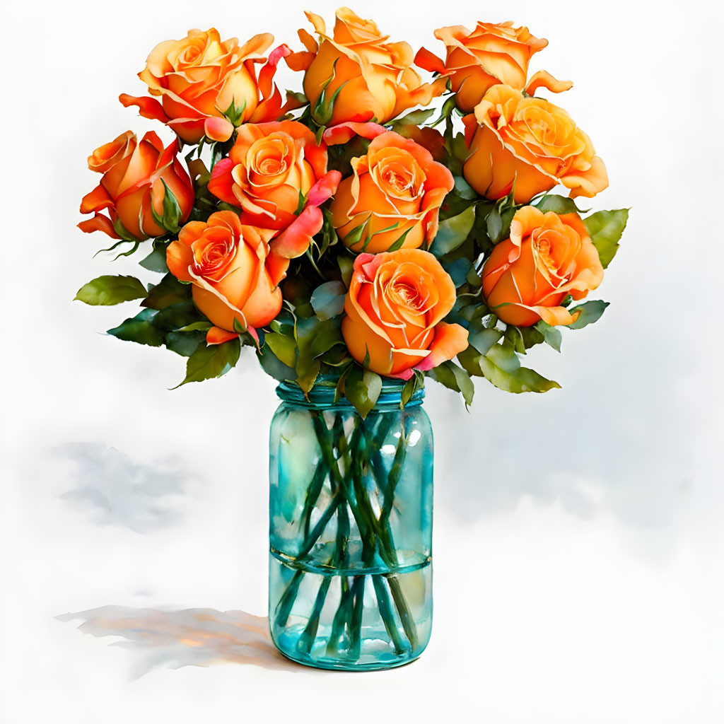 Orange Roses Bouquet in Blue Glass Jar on White Background