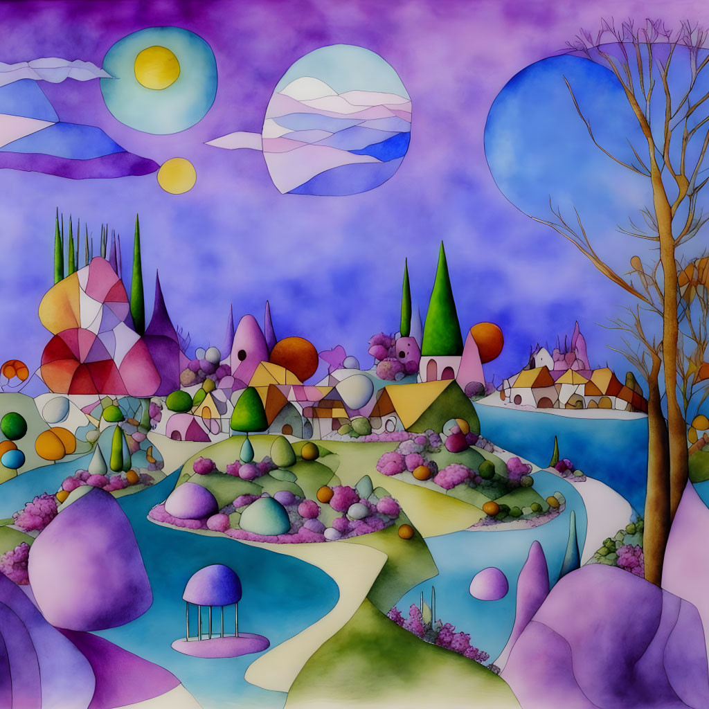 Colorful Abstract Landscape with Trees, Hills, Houses, and Celestial Sky