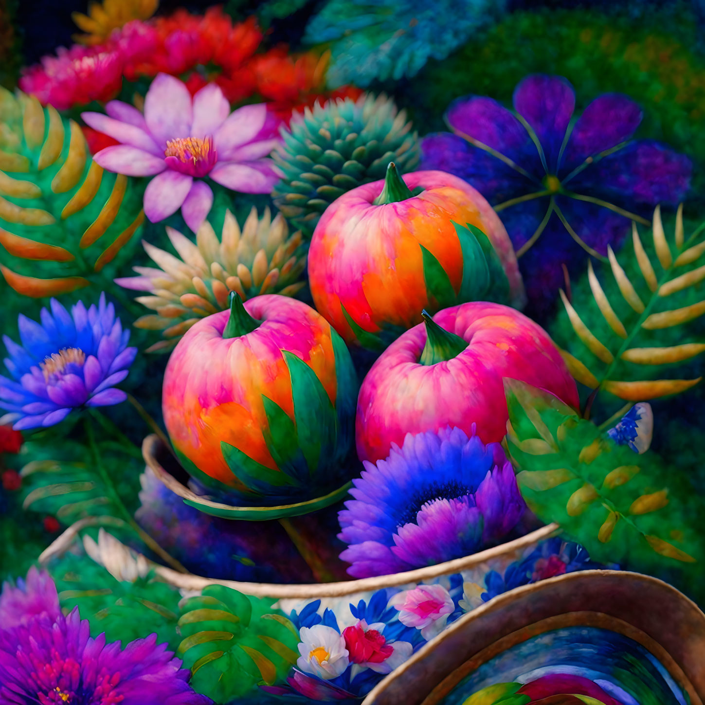 Colorful digital artwork featuring apples, bowl, florals, and foliage