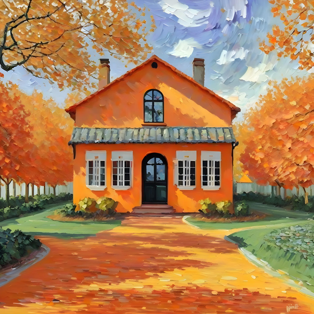 Orange House with Black Door Surrounded by Autumn Trees