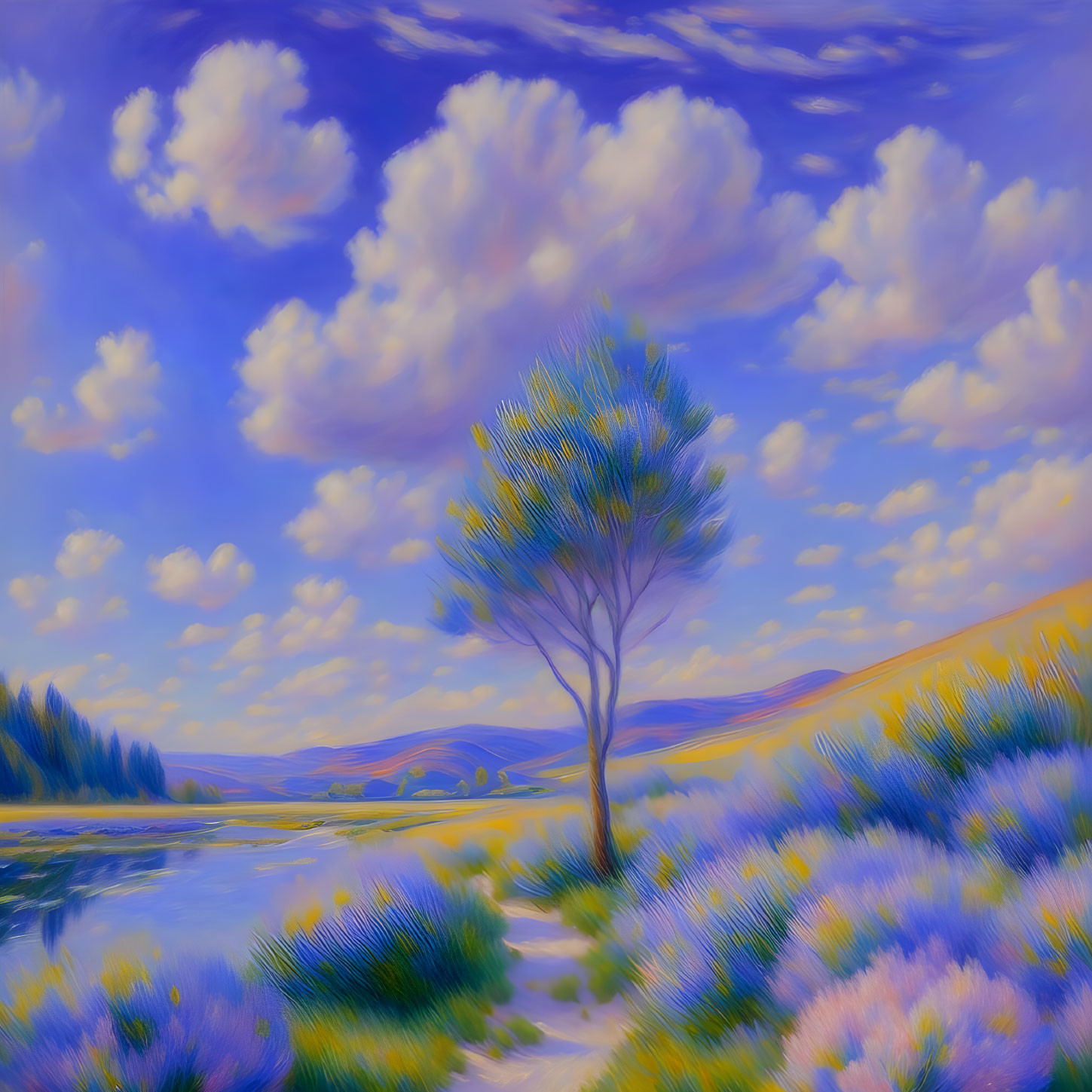 Digital painting of solitary tree by tranquil river