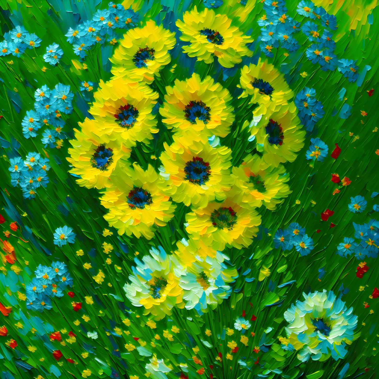 Colorful painting of yellow flowers in a vibrant meadow landscape